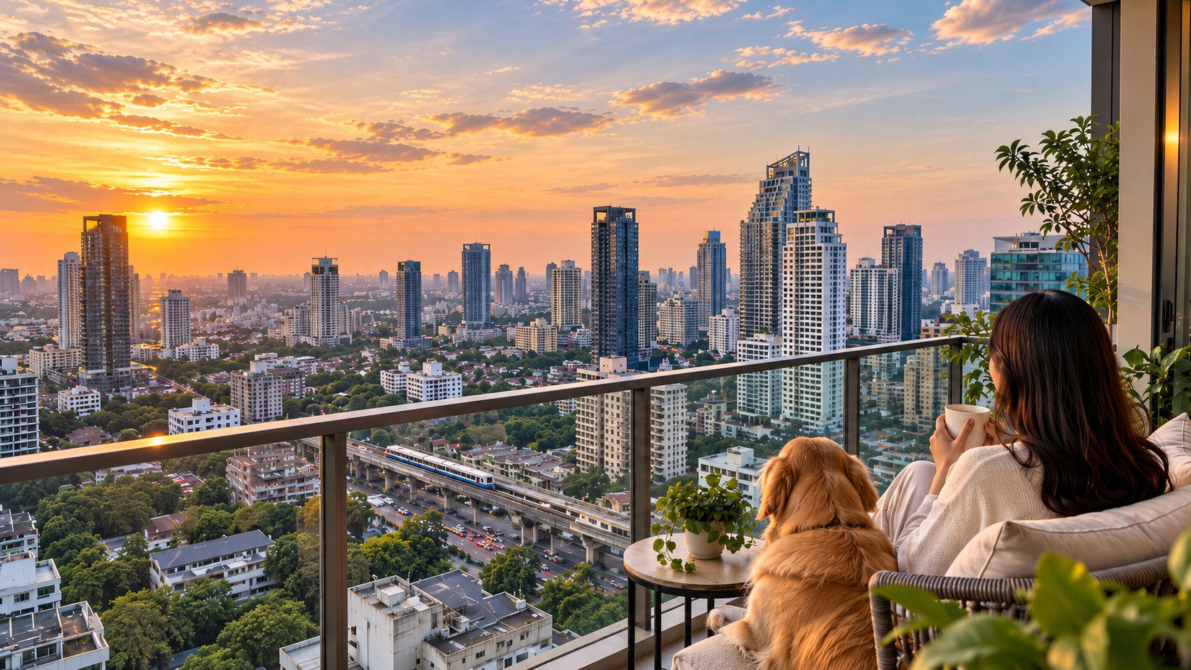 曼谷夕阳下的城市与住宅阳台